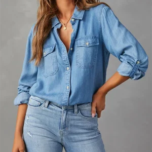 Women's Denim Shirt Turn Down Collar Long Sleeve