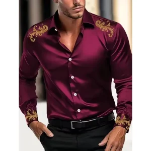 Men's satin casual shirt, long sleeved shirt, single breasted shirt, lapel shirt, wedding party clothing plus size shirt