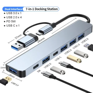 7 in 1 USB Extender, USB Splitter with USB 3.0, 4 X USB 2.0 and 2 USB C Ports