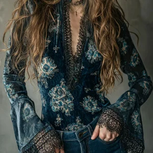 Elegant Flare Sleeve Lace Trim V-neck Blouse