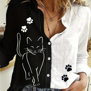 Fashion Design Patchwork Long Sleeve Cat Shirt