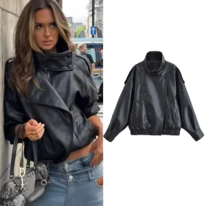Women's Leather Jacket Black Long Sleeve Pebble Faux